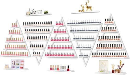 Lorvain - 10 estantes de almacenamiento de esmalte de uñas de metal para montaje en pared, 5 niveles, color blanco, triangular, vitrina de