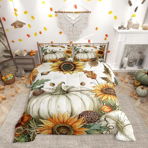 Miniatura 9 de Erosebridal Juego de edredón individual de pavo de Acción de Gracias, juego de ropa de cama de calabaza con hojas de otoño para niños y adultos