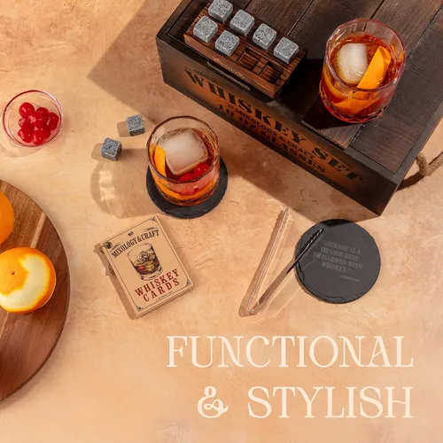 Miniatura 7 de Mixology & Craft Jameson - Juego de regalo de whisky, juego de vasos de whisky con caja de madera rústica, 8 piedras de granito para whisky, vasos