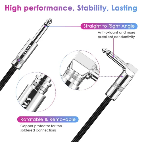 Miniatura 4 de Cable de Guitarra de 6 Pies Cable de Instrumento para Guitarra Eléctrica y Bajo, Teclado - Cable AMP de Ángulo Recto de 1/4 Pulgada, Negro