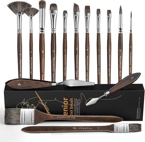 Juego de Pinceles para Pintura al Óleo, 15 Piezas Fuumuui Pinceles Profesionales para Mezclar Pintura de Cerdas de Tejón Naturales con Plano,