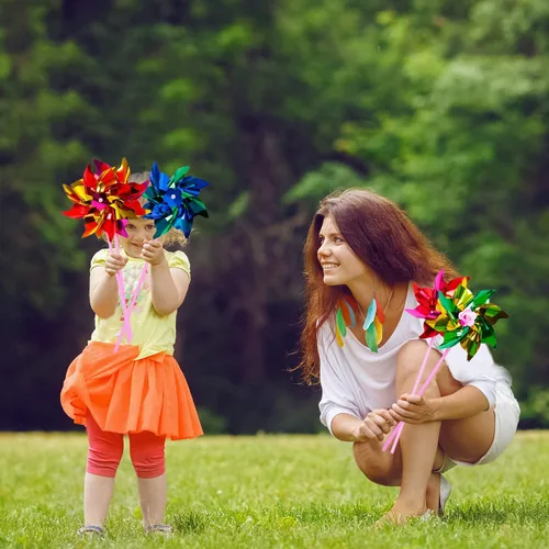 Miniatura 6 de Elcoho Molino de viento de plástico arcoíris de 100 piezas, molinetes de fiesta, molinetes de bricolaje para niños, juguete para jardín, fiesta