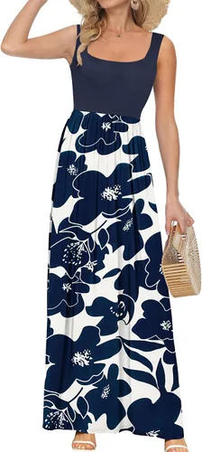 Miniatura 21 de AUSELILY Vestido largo con cuello cuadrado para mujer, sin mangas, floral, holgado, con bolsillos