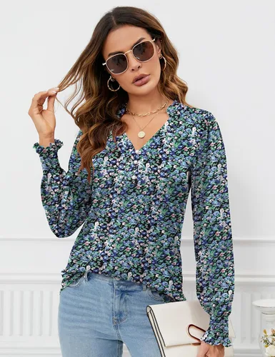 Miniatura 2 de Rapbin - Blusas tipo túnica con botones y cuello en V para mujer, manga larga abombada con puños con volantes, para otoño, camisetas elegantes e