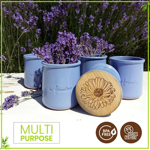 Miniatura 6 de Tapas de Bambú para Frascos de Yogur La Fermiere Paquete de 4 Diseño de Flores Aster Tapas de Bambú con Grabado Floral para Frascos de Cerámica