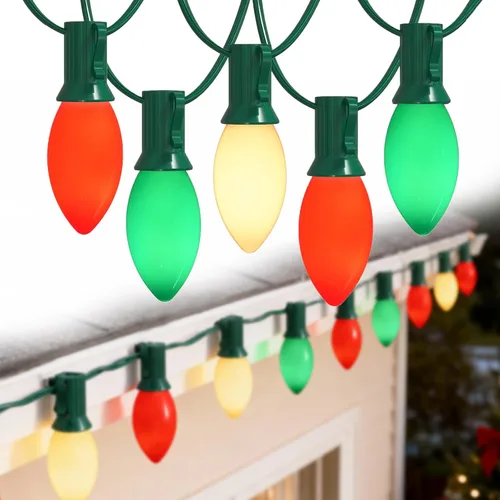 Luces LED de Navidad rojas, verdes y blancas, 25 pies, impermeables, C9, multicolor, luces de Navidad al aire libre con 26 bombillas inastillables,