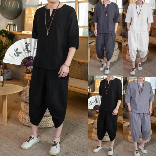Miniatura 6 de Conjunto de 2 piezas de pantalones cortos de algodón y lino, conjuntos de chándal de manga corta con cuello en V y pantalones largos, ropa de playa