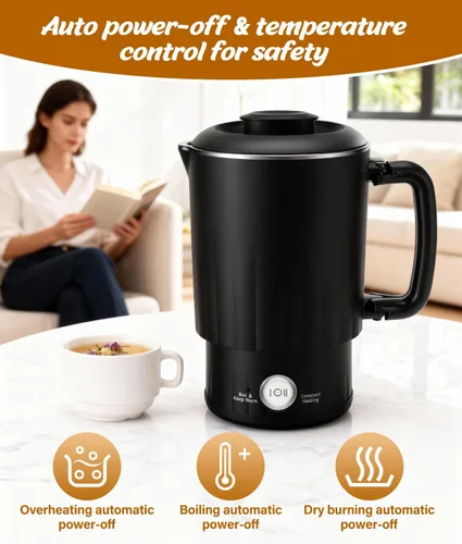 Miniatura 5 de Hervidor eléctrico portátil de viaje, hervidor de agua pequeño de 20.3 fl oz con taza de cerámica, caldera de agua de acero inoxidable 304 con doble