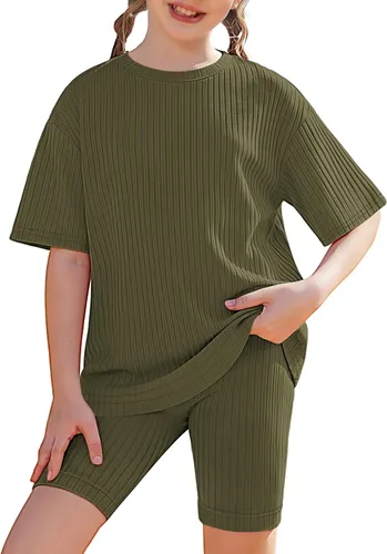 Arshiner Conjunto de 2 piezas de verano para niñas, camisas de punto acanalado con hombros caídos y pantalones cortos de motociclista, ropa para