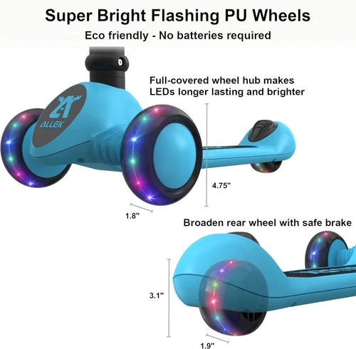 Miniatura 5 de Allek - Patinete plegable F02, patín de 3 ruedas con luces LED intermitentes y 4 alturas ajustables con cubierta antideslizante gruesa para niños