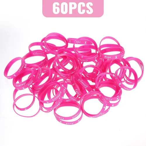 Miniatura 3 de Sratte 60 pulseras de cinta rosa para concientización sobre el cáncer de mama, pulseras de goma para mujeres, fiestas, eventos públicos