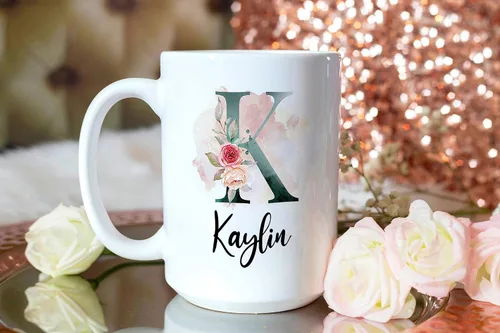 Miniatura 4 de PREZZY Taza personalizada con letra K con inicial, monograma personalizado, taza de café floral, regalos para mujeres, hombres, familiares, amigos