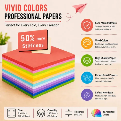 Miniatura 6 de Papel de origami de 8 x 8 pulgadas / 7.9 x 7.9 in, cuadrado de doble cara, 150 hojas con 15 colores vivos, papel fácil de plegar para principiantes