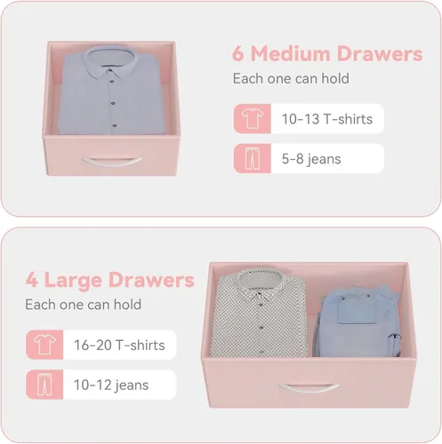 Miniatura 5 de Jojoka Cómoda para dormitorio, cajón de almacenamiento de tela con 10 cajones, aparadores y cómoda con bolsillos laterales, ganchos, mesa de madera