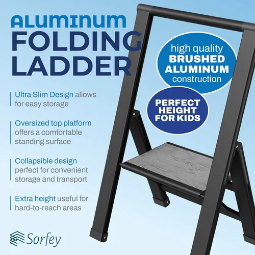 Miniatura 3 de Escalera de Peldaños de 1 Escalón Plegable, Decorativa - Hermosa Madera Gris y Aluminio Negro, Perfil Ultra Delgado, Peldaños Antideslizantes