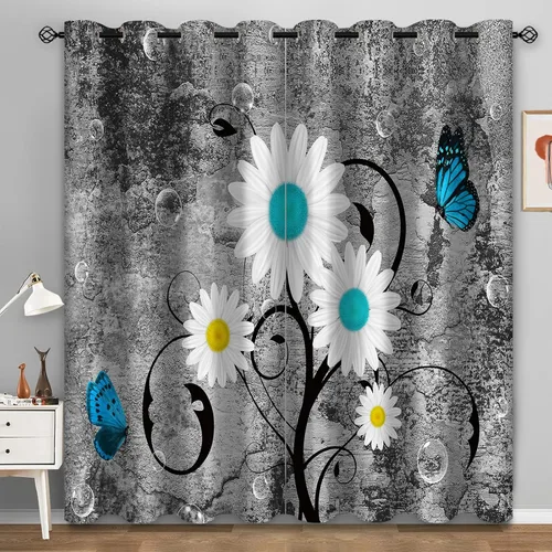 Miniatura 10 de Aimego - Cortinas opacas rústicas con flores de girasol, cortinas para oscurecer la habitación, estilo granja, paneles de madera, mariposas azules