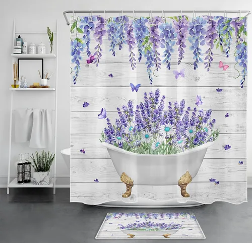 LB Juego de cortinas de ducha de mariposa y flores con alfombras, margaritas y morado lavanda, hojas de eucalipto, cortina de ducha verde con