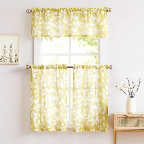 Miniatura 21 de Treatmentex Cortinas azules de cocina de 24 pulgadas con estampado de hojas blancas cortas para ventanas pequeñas, 2 paneles