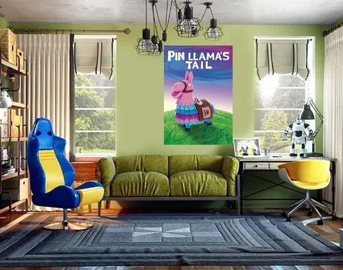Miniatura 5 de Suministros para fiestas de videojuegos – Pin The Tails on Llama, póster grande con 24 calcomanías de cola para decoración de fiestas temáticas