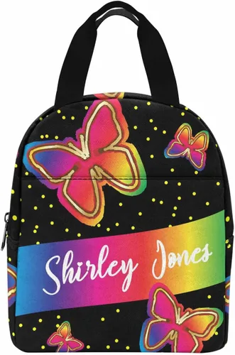 Miniatura 14 de InterestPrint Bolsa de almuerzo con nombre personalizado para hombres y mujeres, diseño de mariposa rosa y azul personalizada, caja de almuerzo