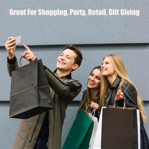 Miniatura 4 de 100 bolsas grandes de papel kraft negro con asas de 10 x 5 x 13 pulgadas, bolsas de regalo resistentes para Navidad, vacaciones, pequeñas empresas