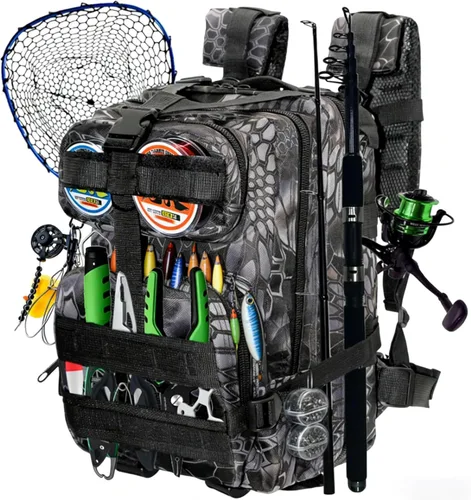 Mochila ligera para aparejos de pesca, resistente al agua, soporte para caña de pescar todo en uno y almacenamiento de equipo Negro