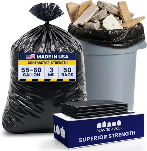 Miniatura 10 de Plasticplace Bolsas de basura para contratistas de 55-60 galones │ 3.0 mil │ Bolsa de basura negra resistente │ 38 pulgadas x 58 pulgadas