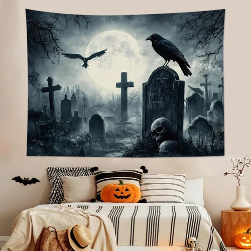Miniatura 4 de EOBTAIN Scary Halloween Tapestry Gothic Black Crow Skull in Horror Graveyard Tapestry Wall Hanging Spooky Raven under Misty Full Moon Night Wall Art