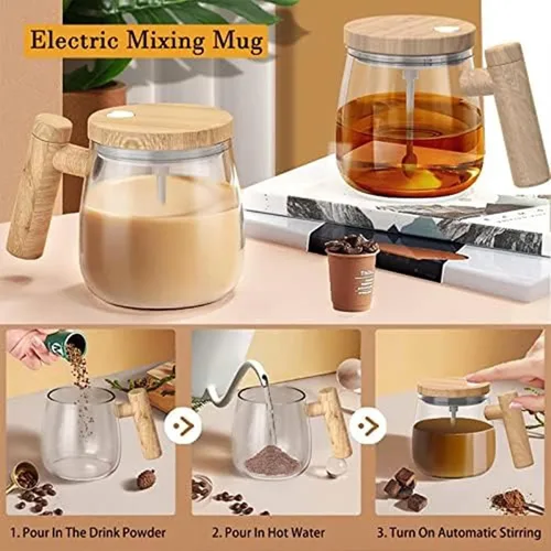 Miniatura 4 de Taza automezclable, taza de café eléctrica de 13.5 onzas con tapa, varilla de agitación desmontable, para oficina, viajes, hogar, café (transparente)