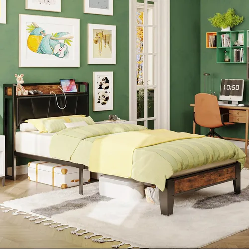 Miniatura 112 de LIKIMIO Base de cama Queen, cabecera de almacenamiento con estación de carga, sólida y estable, sin ruido, no necesita somier, fácil montaje Vintage
