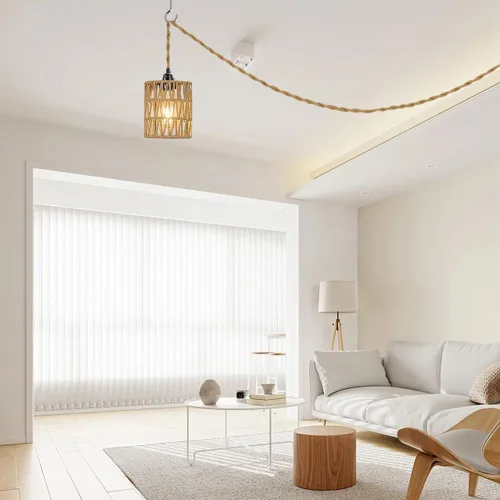 Miniatura 7 de Lámpara Colgante Bohemia con Enchufe, Luz Colgante with Cable con Enchufe, Lámpara de Techo con Pantalla Cilíndrica de Ratán e Interruptor