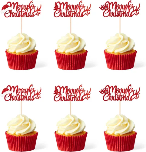 Miniatura 6 de Gexolenu 24 piezas de adornos de Navidad para cupcakes Oh Baby, con purpurina de doble cara, para sombrero de Papá Noel rojo para Navidad, baby