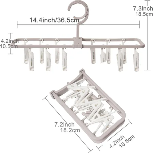 Miniatura 2 de Percheros de secado de ropa, paquete de 2 perchas portátiles plegables pequeñas con 12 clips, gancho giratorio de 360° para calcetines, toallas