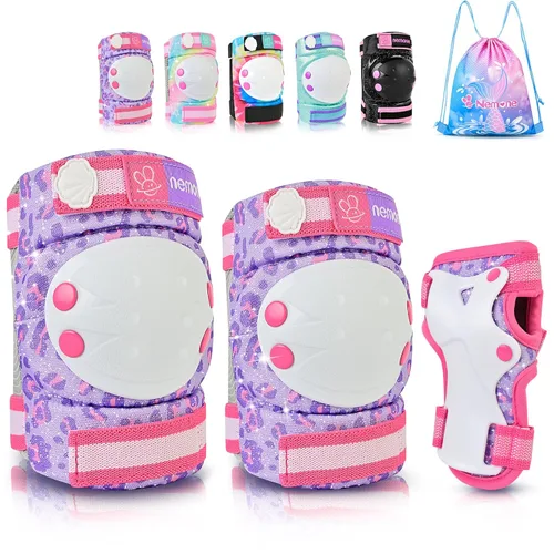 Miniatura 9 de NEMONE Rodilleras para niños, niñas, coderas, muñequeras con bolsa de cordón, juego de equipo de protección reflectante ajustable para patinaje