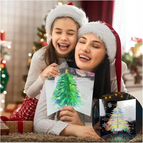 Miniatura 4 de Tarjeta desplegable 3D única de árbol de Navidad, tarjeta de felicitación con purpurina para árbol de Navidad, tarjeta tridimensional de cristal
