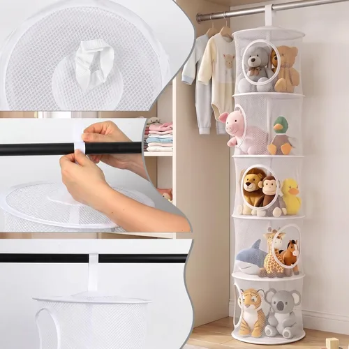Miniatura 4 de Almacenamiento Colgante para Juguetes de Peluche, Organizador de Almacenamiento de Peluches Plegable para Rincón con 4 Compartimentos, Organizador