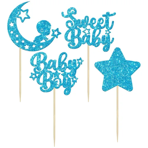 Miniatura 3 de Gyufise 24 piezas de adornos azules para cupcakes para bebé, con purpurina azul, estrellas, luna, dulce baby shower, niño, cupcakes para baby