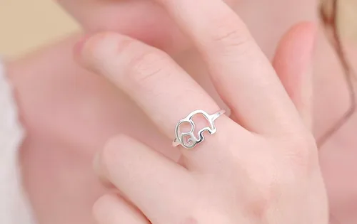 Miniatura 6 de Anillo de plata de ley 925 con elefante y animal de la suerte, regalo de dama de honor
