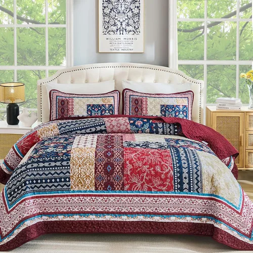 Miniatura 9 de WONGS BEDDING Juego de edredón bohemio tamaño matrimonial, juego de colcha de retazos beige de 3 piezas, juego de ropa de cama de microfibra suave