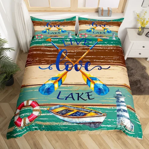 Miniatura 16 de Erosebridal Juego de ropa de cama individual con diseño de peces de lubina, la vida es mejor en el lago, funda de edredón para niños y niñas, funda