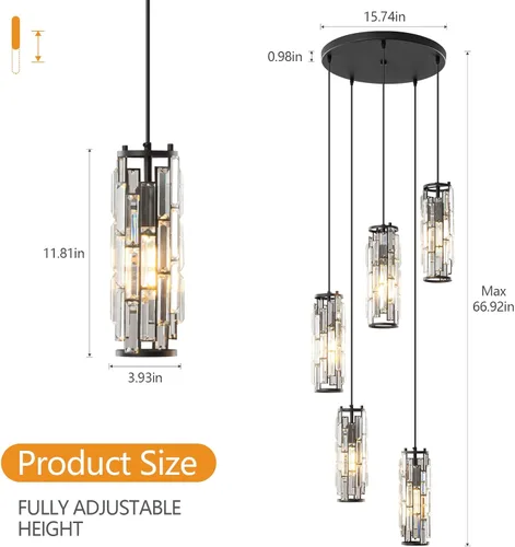 Miniatura 5 de LMQNINE - Lámpara colgante, lámparas colgantes modernas negras, mini candelabros de cristal, lámpara colgante ajustable de 5 luces para cocina, Negro
