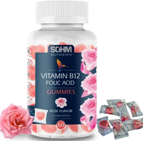 SOHM - Gomitas de ácido fólico de 300 mcg de vitamina B12, 60 unidades, mejoran los glóbulos rojos, apoyan la salud inmunológica saludable, gomita