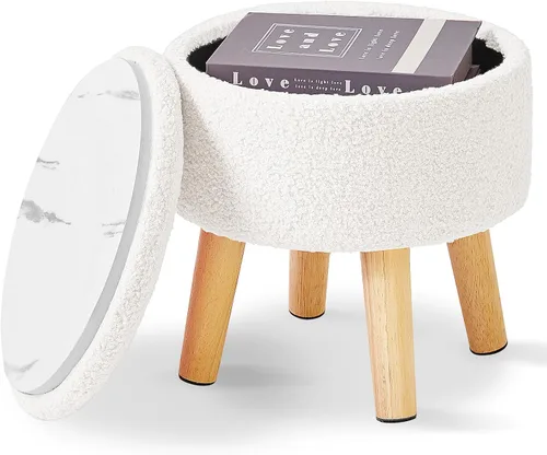 Miniatura 9 de IBUYKE Taburete otomano de 13 pulgadas con almacenamiento, reposapiés pequeño redondo con asiento acolchado y patas de madera, mini reposapiés