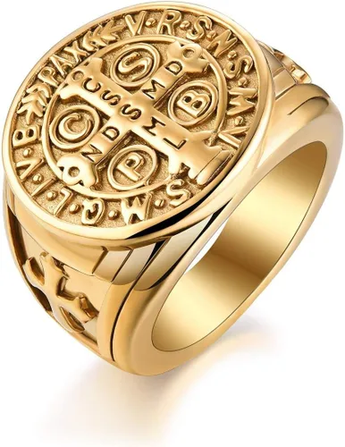 Anillo de exorcismo de San Benito para hombre, acero inoxidable, cruz católica, oro y cazador de fantasmas, talla 8-13, con caja de regalo para