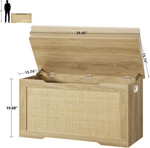 Miniatura 3 de usikey Cofre de almacenamiento de 39.4 pulgadas, caja de juguetes con 2 bisagras de seguridad, baúl de juguetes para dormitorio, banco