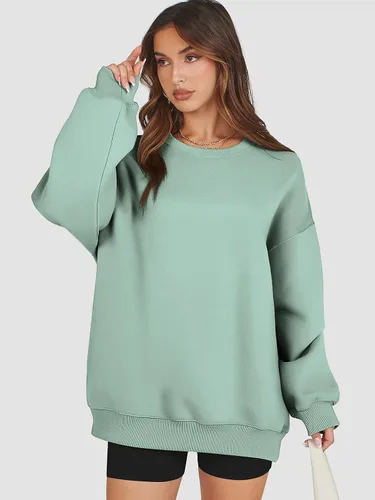 Miniatura 3 de ATHMILE Sudadera de gran tamaño para mujer, cuello redondo, forro polar, manga larga, sudaderas con capucha, tops de otoño, ropa de moda 2025