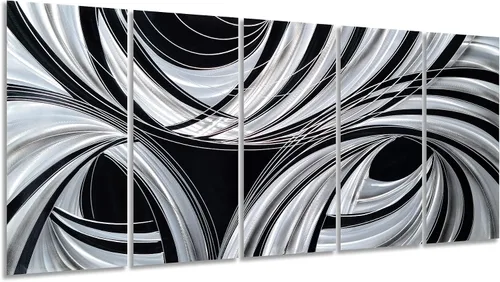 Miniatura 8 de Yihui Arts Arte abstracto de pared de metal, hecho a mano, 5 paneles grandes, grandes, azul, verde azulado, plateado, único, aluminio 3D, moderno
