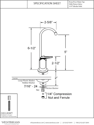 Miniatura 5 de Westbrass CO127-11 Kit de grifo dispensador de agua fría pura estilo Touch-Flo de 6 pulgadas con unidad de filtro en línea debajo del fregadero y 2