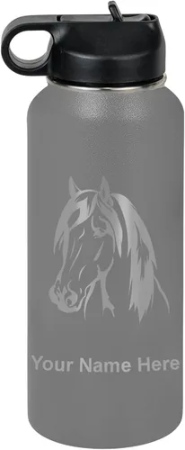 Miniatura 49 de LaserGram Botella de agua personalizada, cabeza de caballo 1, acero inoxidable de doble pared aislada al vacío con popote superior, regalo grabado