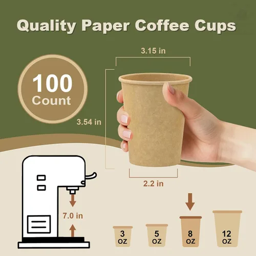 Miniatura 3 de Paquete de 100 tazas de café desechables de 8 onzas, tazas de papel desechables de color marrón a granel, tazas de café para té caliente, chocolate
